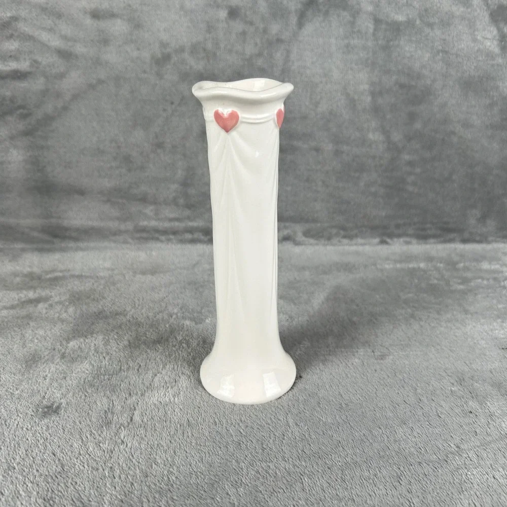 Vintage 1985 FTDA Pink Hearts White Ceramic Bud Vase Made in Japan 7.25 Inch